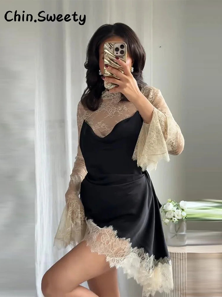 Elegant Lace Patchwork Satin Mini Dress Women High Collar Flare Sleeve See Through Party Dresses 2025 Autumn Lady Evening Robes