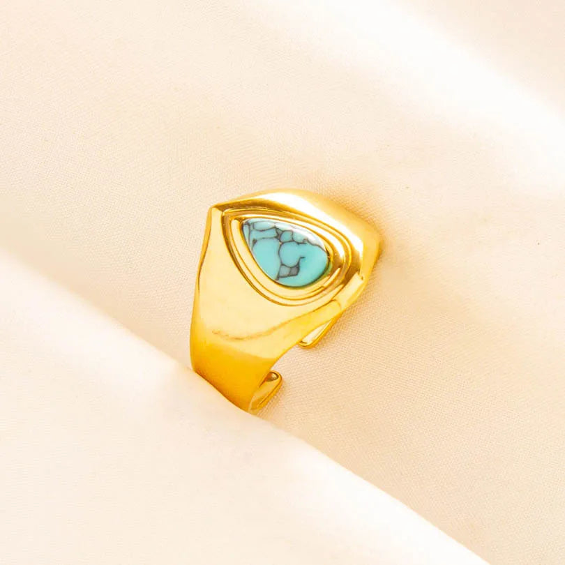 Classic Retro Turquoise Finger Jewelry Stainless Steel Rings For Women Men Accessories Open Adjustable 18k Real Gold Plated Ring