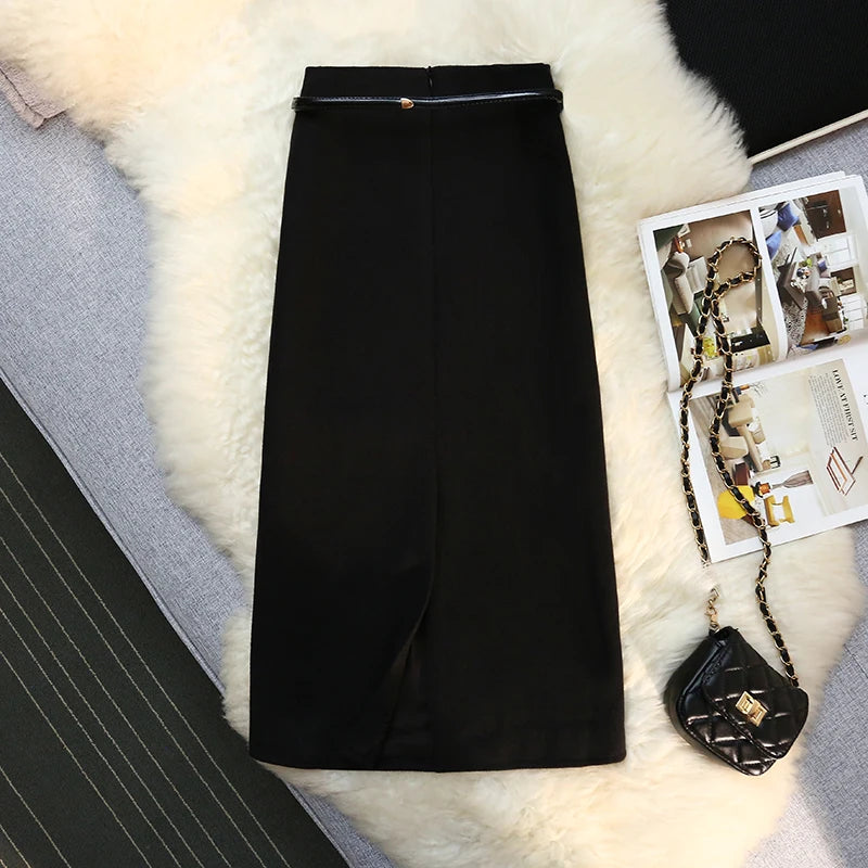 Seoulish 2024 New Autumn Winter Wrapped Woolen Midi Skirts for Women Fashion High Waist Solid Color Office Lady Straight Skirts