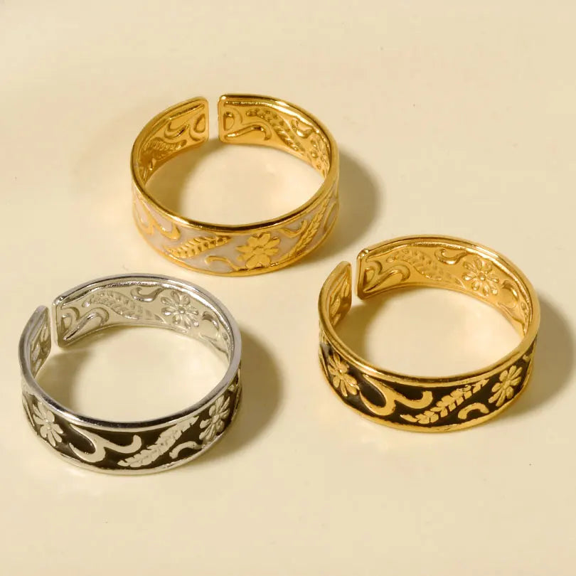 Elegant Ring Enamel Stainless Steel Rings For Women Men Accessories Flower Plant Jewelry Open Adjustable Real Gold Plated Bagues
