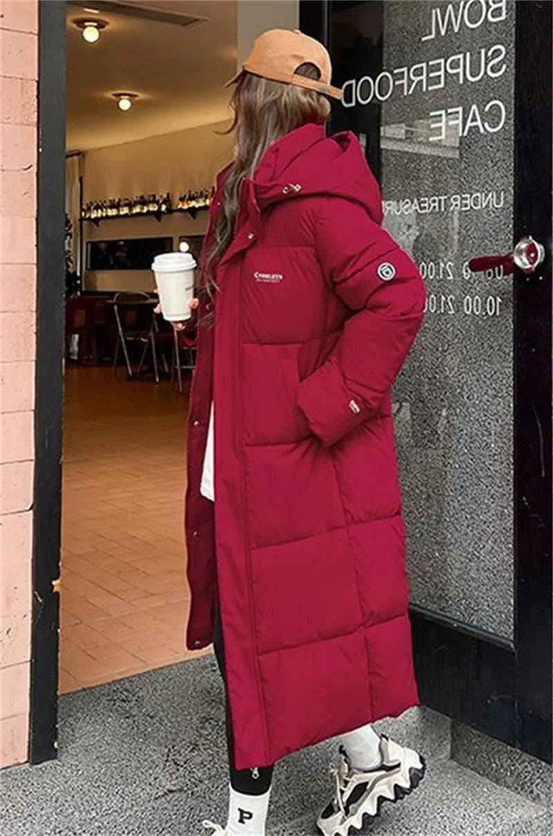 2025 Solid Long Down Parka Women with  Hood  Cotton Padded Jacket Winter Overcoat Fashion Thicken Warm Puffer Coat Female