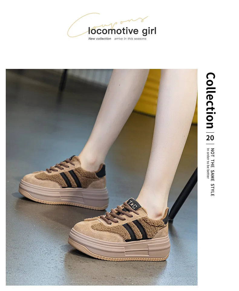 6CM Pink Natural Genuine Leather Fashion Breathable Casual Women's Shoes Platform Warm Plush Winter Autumn Comfy Ankle Booties