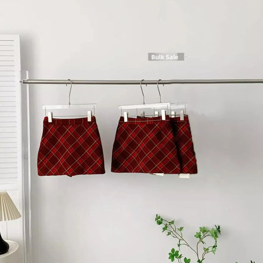 High Waist Plaid Mini Skirt Autumn Winter Woolen A- Line Skirt Short Skirt Retro Red Grids Half Body Skirt Small Size