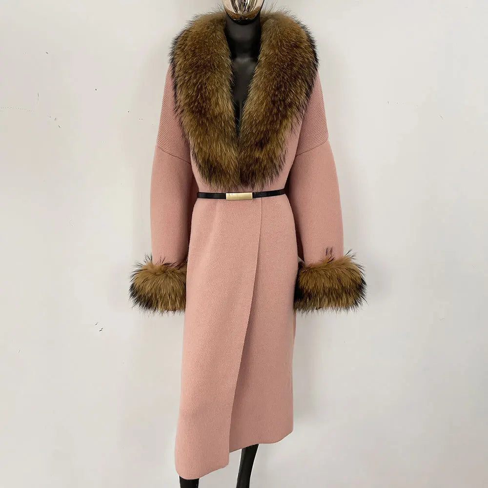 Long Knitwear Coat Women Warm Belt Real Fox Fur Jacket Female 2024 New Autumn Winter Kintted Natural Fur Coat Women
