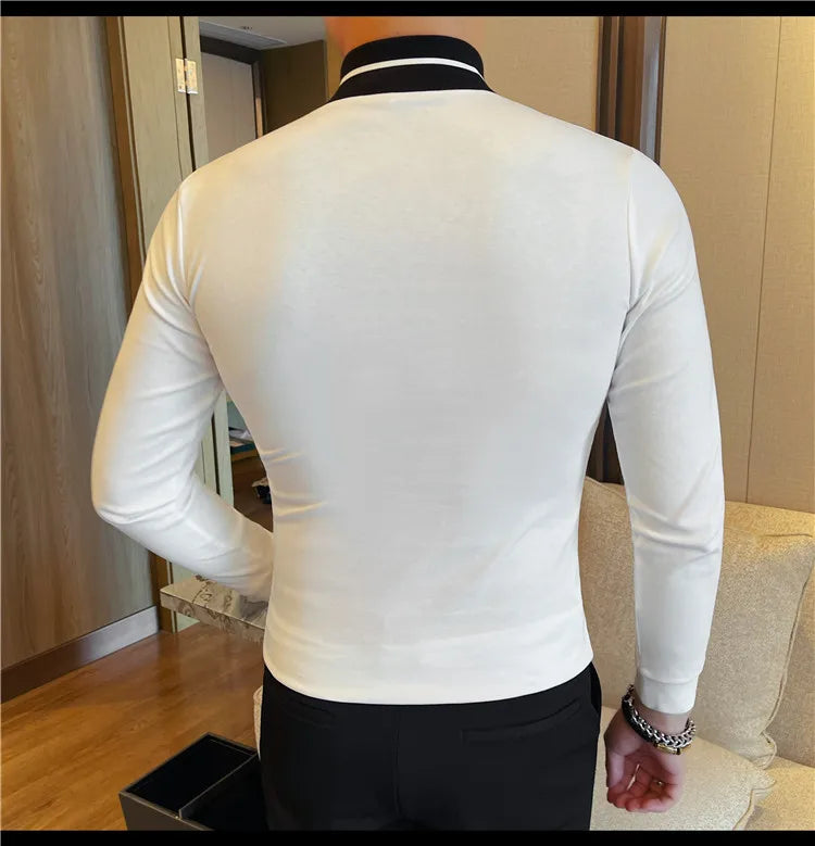 Autumn Winter Men's Mock Neck Long Sleeved T-shirt Slim Fit Elastic Solid Color Base Shirt Versatile Casual Business T-shirts