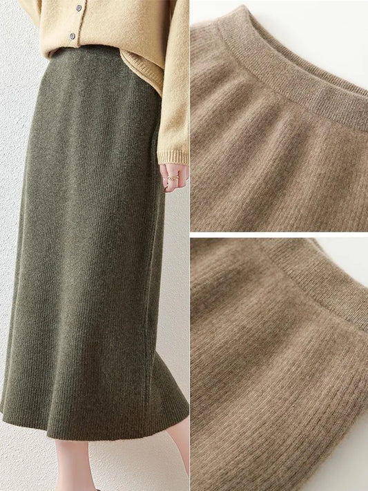 100% Merino Wool Skirt Women's Elastic Waist Cashmere Striped Skirts Office Lady Knitted Simple Dress Thickening Autumn Winter