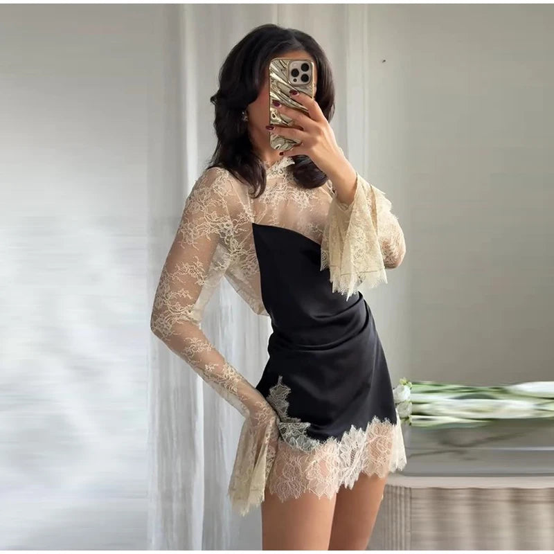 Elegant Lace Patchwork Satin Mini Dress Women High Collar Flare Sleeve See Through Party Dresses 2025 Autumn Lady Evening Robes