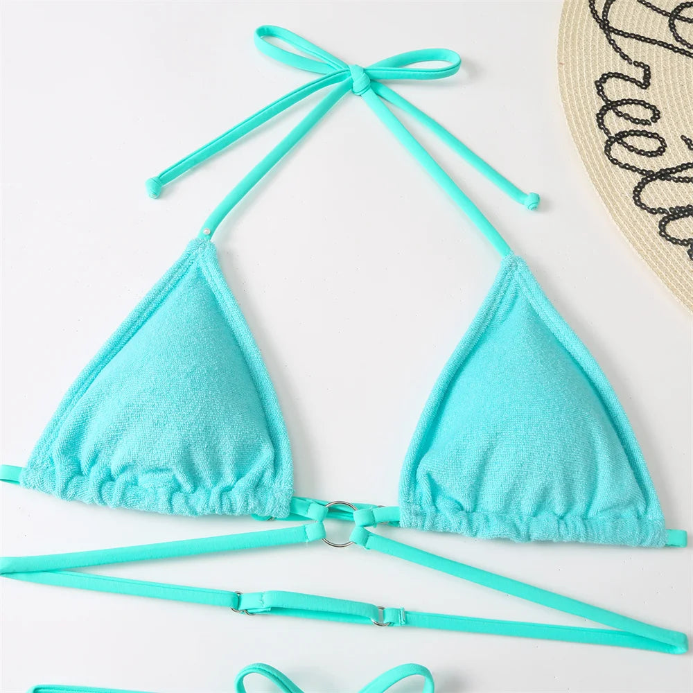 Micro String Extrem Bikini Orange Y2K Triangle Backless Swimsuit Toweling Rings Vacation Swimwear Women Push Up Beach Bath Suits