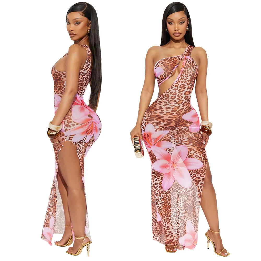 CM.YAYA Women Floral Leopsrd Printed Sleeveless High Side Split Long Maxi Dress 2025 Skew Collar Sexy Birthday Party Dresses