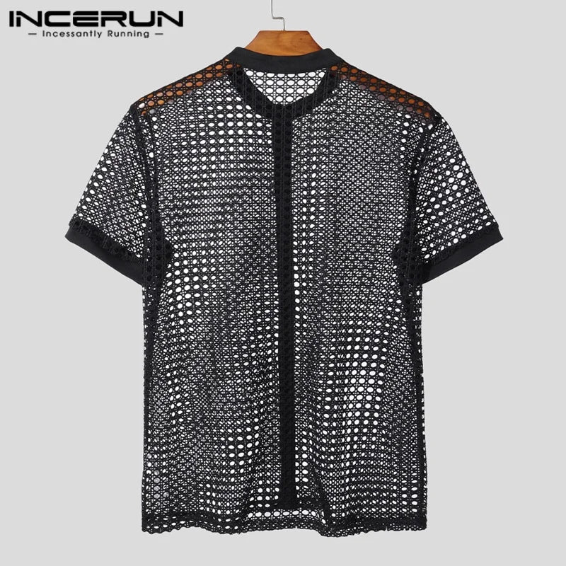INCERUN Men Shirt Mesh See Through Hollow Out O-neck Short Sleeve Men Clothing Streetwear Summer 2025 Loose Fashion Male Tops