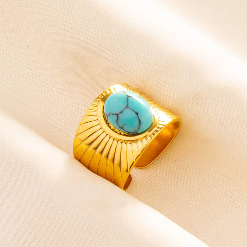 Classic Retro Turquoise Finger Jewelry Stainless Steel Rings For Women Men Accessories Open Adjustable 18k Real Gold Plated Ring