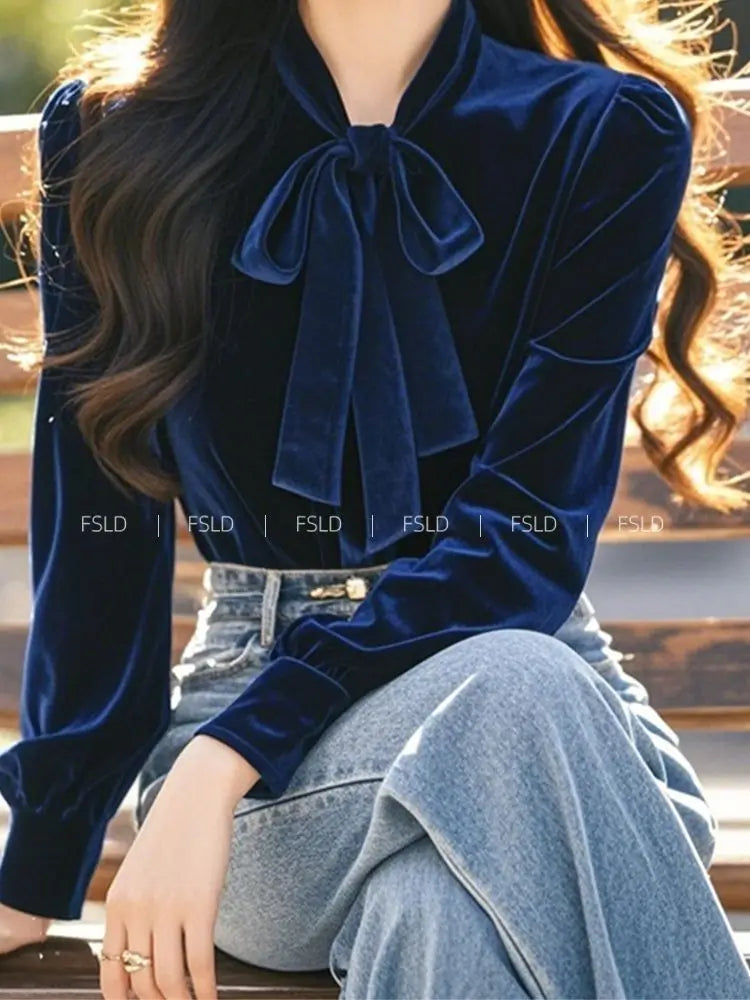 Vintage Blue Velvet Shirt Tops Spring Autumn Long Sleeve Bow Lacing All-match Temperament Blouse Office Elegant Women Clothing