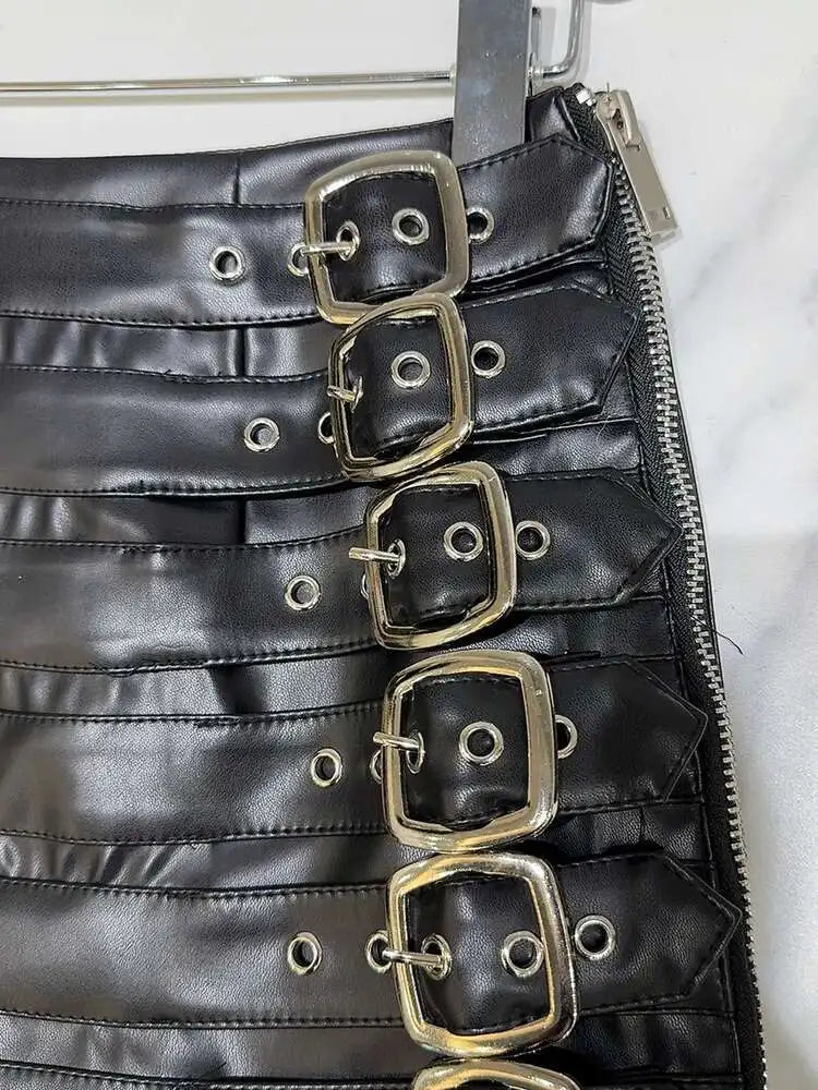 DEAT Trendy Women's Multi Belt PU Leather Mini Skirt 2024 Spring Fashion New Items High Waist Wrap Hip Skirts Female 11XX7390