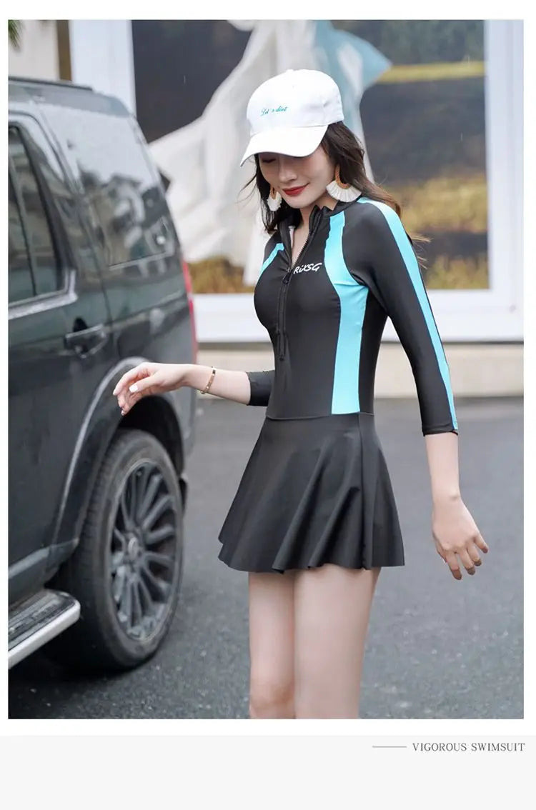 Female Swimsuit Manufacturer Korean Version Plus Size Spring Long Sleeved Jumpsuit Style Conservative Belly Covering Swimsuit