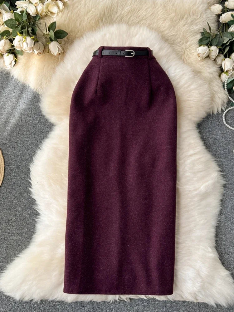 Woolen Midi Skirt Women Autumdn Winter High Waisted Elegant Pencil Skirt Female Slim Split Work Skirts
