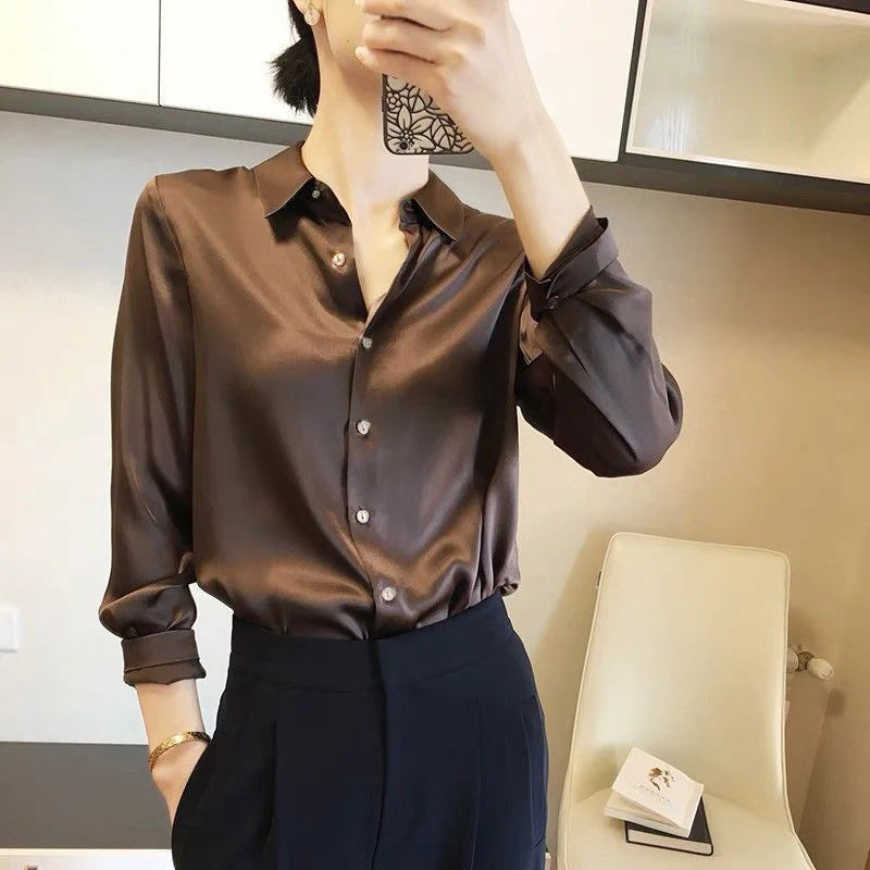 Luxury Satin Finish Shirts And Blouses For Women Clothes Casual Top OL Long Sleeve Single Breasted Elegant French Solid Blouses