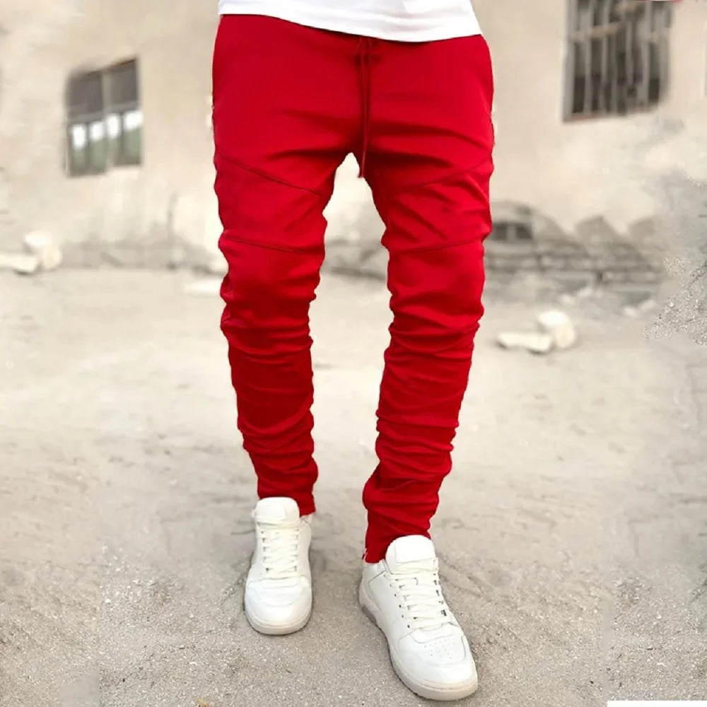 Autumn Men's Footband Solid Color Sports Pants Stretch Slim Cotton Zipper Pocket Draw Rope Fashion Running Casual Sports Pants