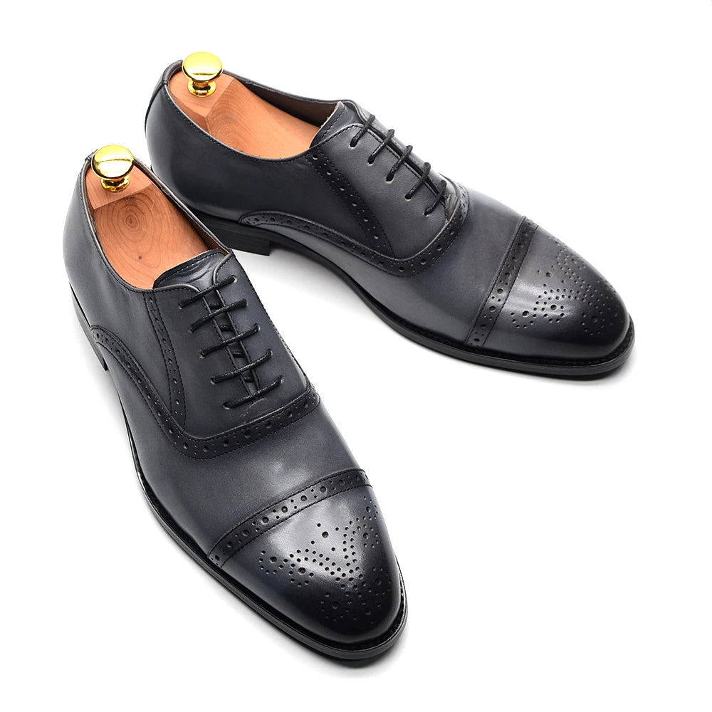 Italian Mens Dress Shoes Genuine Leather Cap Toe Oxfords Lace-up Black Brown Wedding Business Office Brogue Formal Shoes for Men