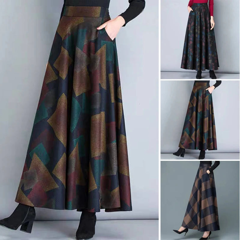 Ladies Skirt Women 1* Cocktail Autumn High Waist Fashion Evening Loose Vintage Party Pleated Maxi Plus Size Printed