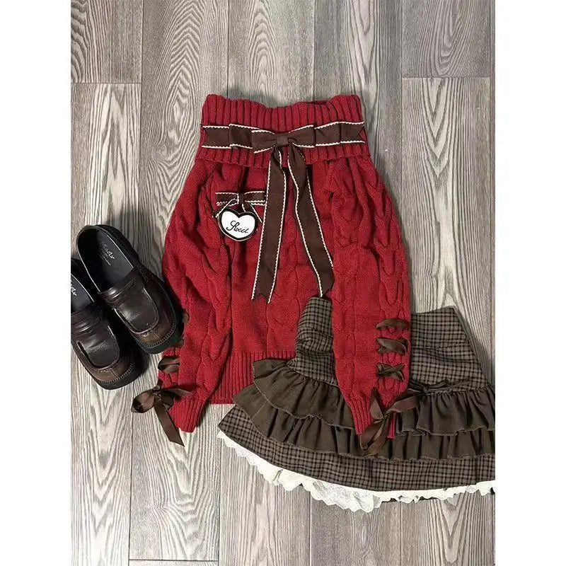 Japanese Sweet Lolita Mini knitting Skirts Women Y2K Harajuku Lace Patchwork Bow Cake Skirt High Waist Fashion A Line Skirts