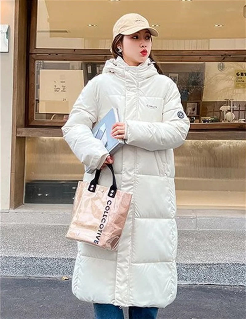 2025 Solid Long Down Parka Women with  Hood  Cotton Padded Jacket Winter Overcoat Fashion Thicken Warm Puffer Coat Female