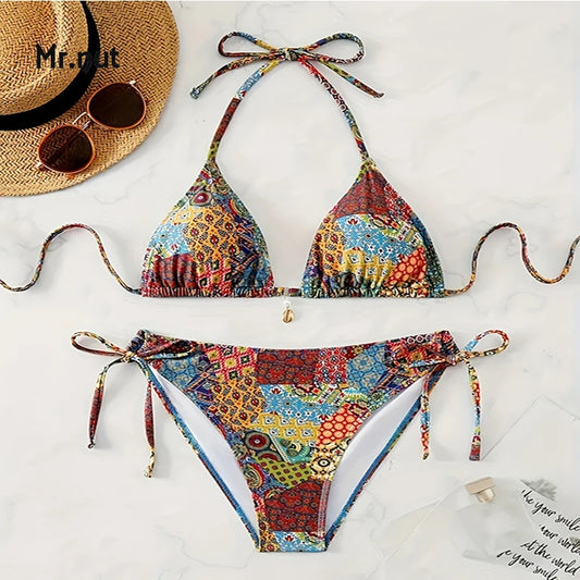 Mr. Nut 2025 New Neck Print Lace Up Split Swimsuit Women Sexy Bikini Beach Leak Back Swimsuit Bikini