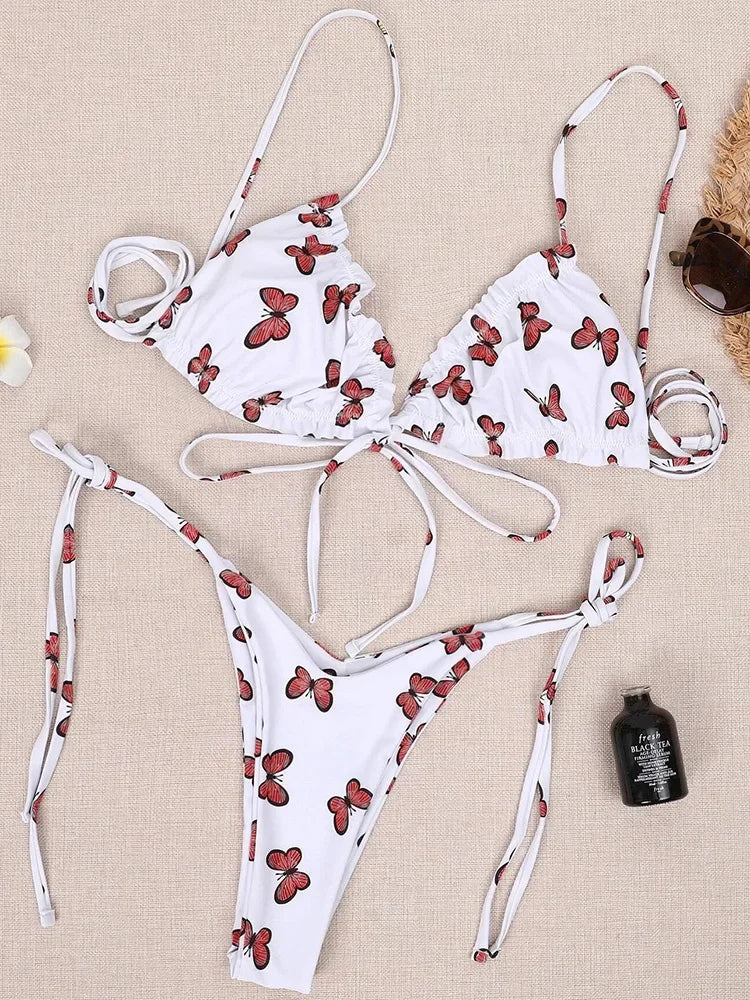 Sexy Printed Ruffled Frilled Thong Bikini Women Swimwear Female Swimsuit Two Pieces Bikini set Micro String Bathing Suit Swim