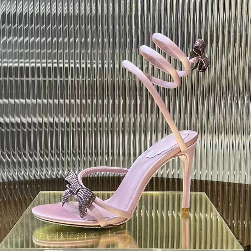 Summer High Heels Sandals Woman Butterfly-knot Rhinestone Snake Twine Around Ankle Strap Wedding Shoes Thin Heels Sandals Women