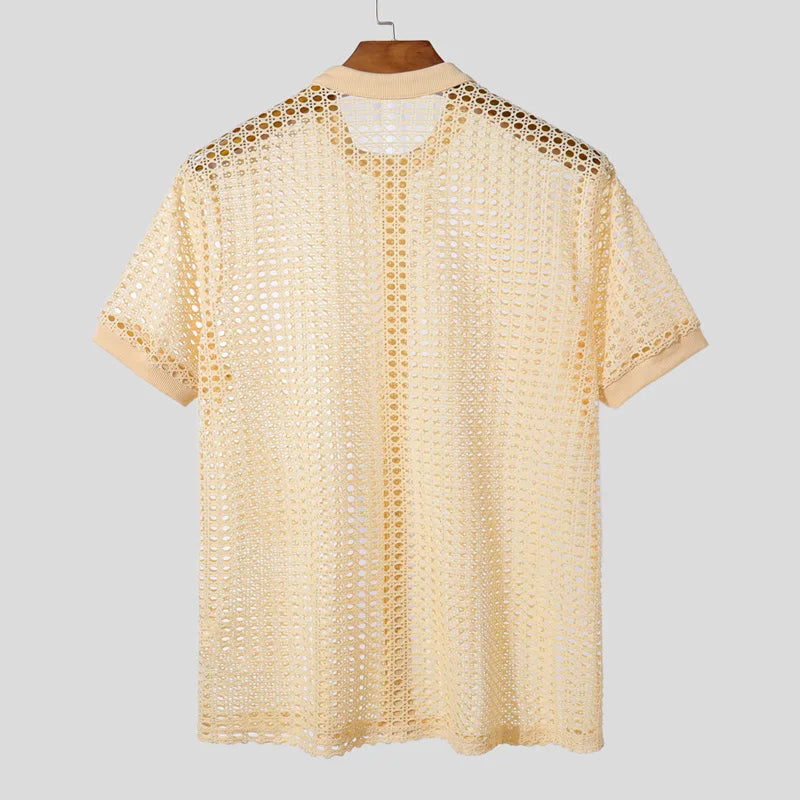 INCERUN Men Shirt Mesh See Through Hollow Out O-neck Short Sleeve Men Clothing Streetwear Summer 2025 Loose Fashion Male Tops