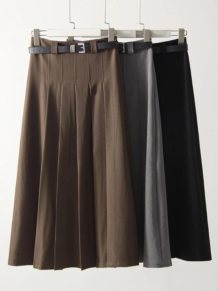 Gray Midi Pleated Skirts For Women Autumn 2024 High Waist A Line Maxi Zipper Skirts For Office Lady Long Skirt Woman Black