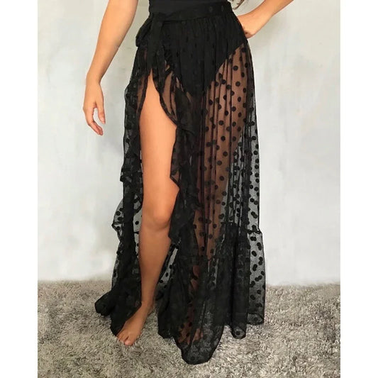 Combhasaki Womens Mesh Sheer Beach Holiday Ruffled Sunscreen Bikini Cover Up Wrap Belted Bow knot tied Long Skirt Summer Holiday