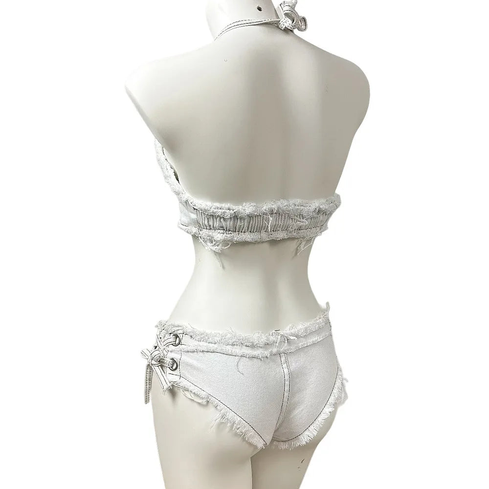 New In Women Beach Sexy Denim Bikini Sets 2025 Nightclub Bar Wear Halter Tops And Mini Hotpants