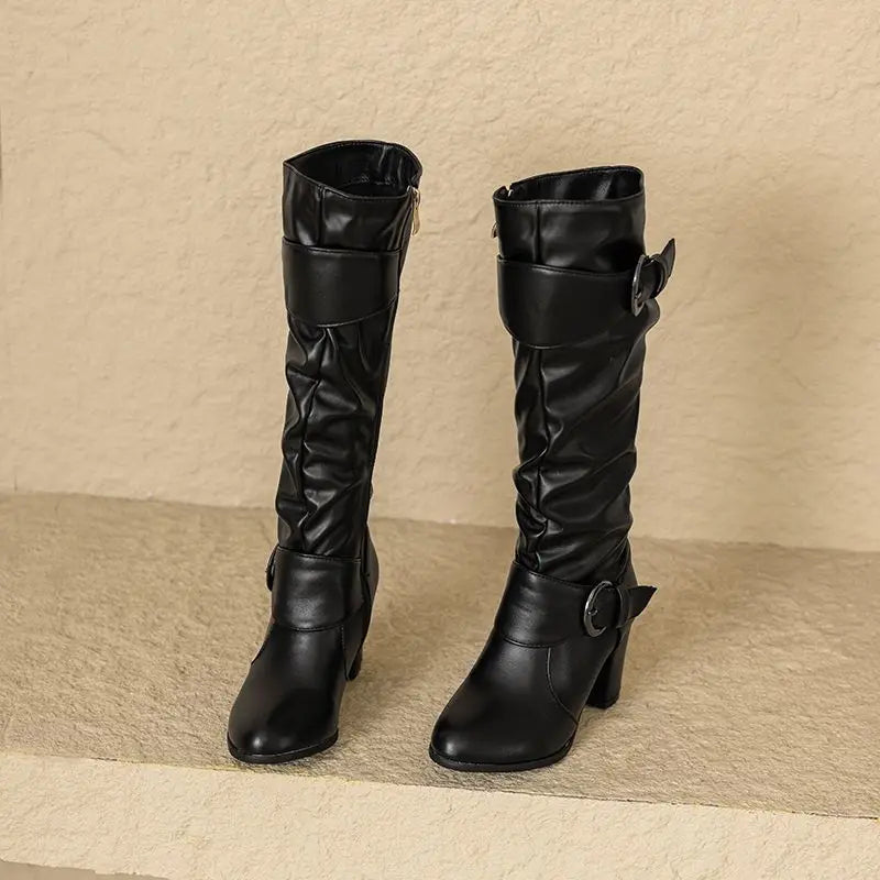 REAVE CAT Classic Women Knee High Boots Round Toe Block Heels 7.5cm 51 52 Pleated Fashion Booties