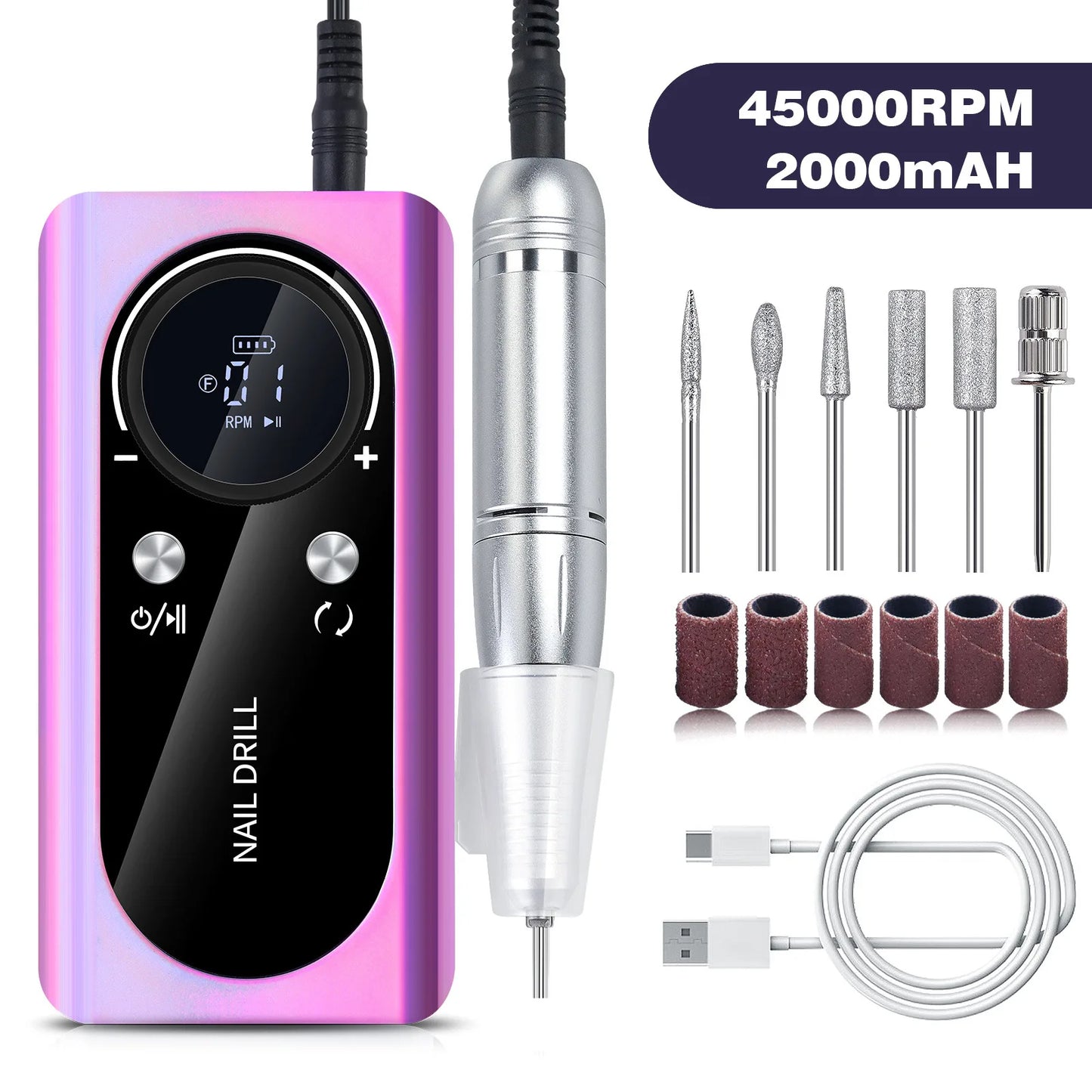 Cordless Electric Nail Drill 45000RPM - Rechargeable Professional Manicure/Pedicure Kit for Home Salon, Portable Nail Grinder