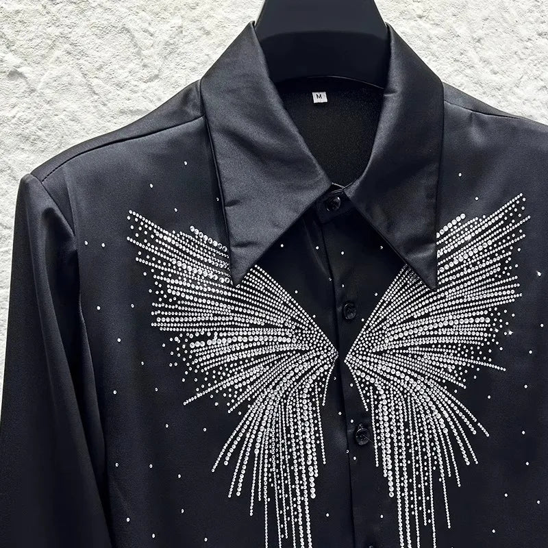 Heavy Industry Butterfly Rhinestone Shirt Men's Korean Version Shoulder Pad Versatile Casual Shirt Stage Performance Streetwear