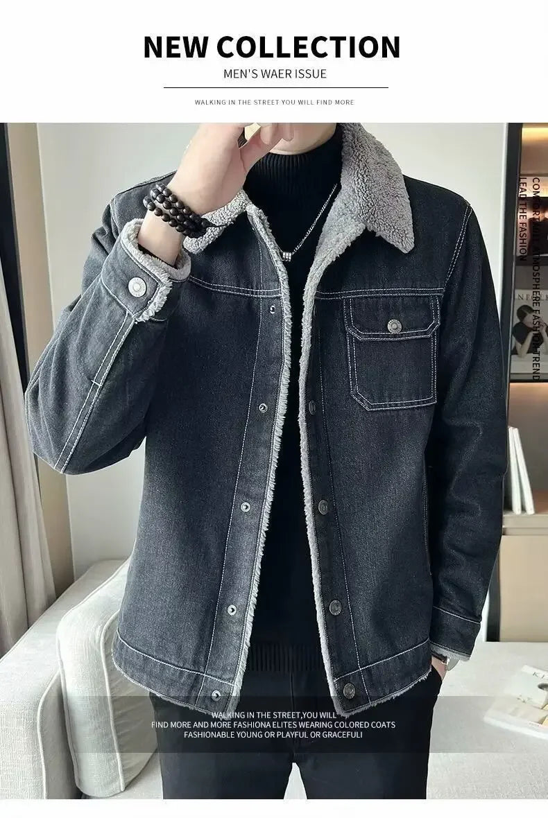 Men's Denim Jacket Winter Thickened Fleece Lined Fashionable New Arrival Hot Sale Of The Season Cotton Coat with Lamb Fur Collar