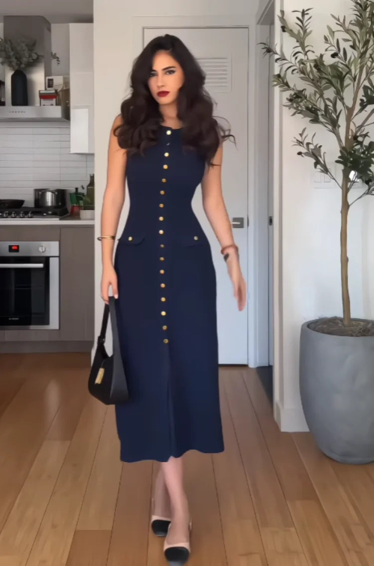 Elegant Knitted Midi Dresses Women's Black White Patchwork Slit Single Breasted Sleeveless Curvy Dress 2025 Summer Street Wear