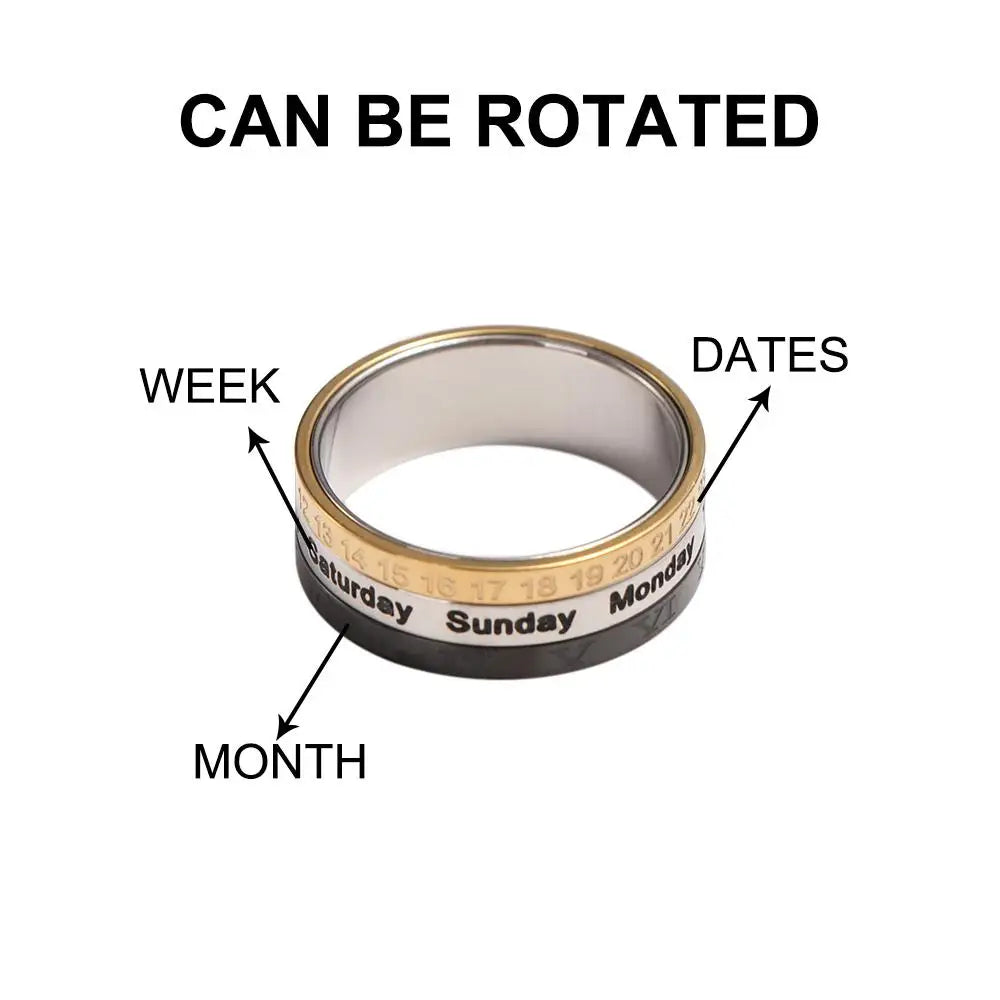Creative 3 Part Date Time Calendar Titanium Steel Cool Punk Rotatable Joint Ring Finger Ring Fashion Jewelry Men Ring
