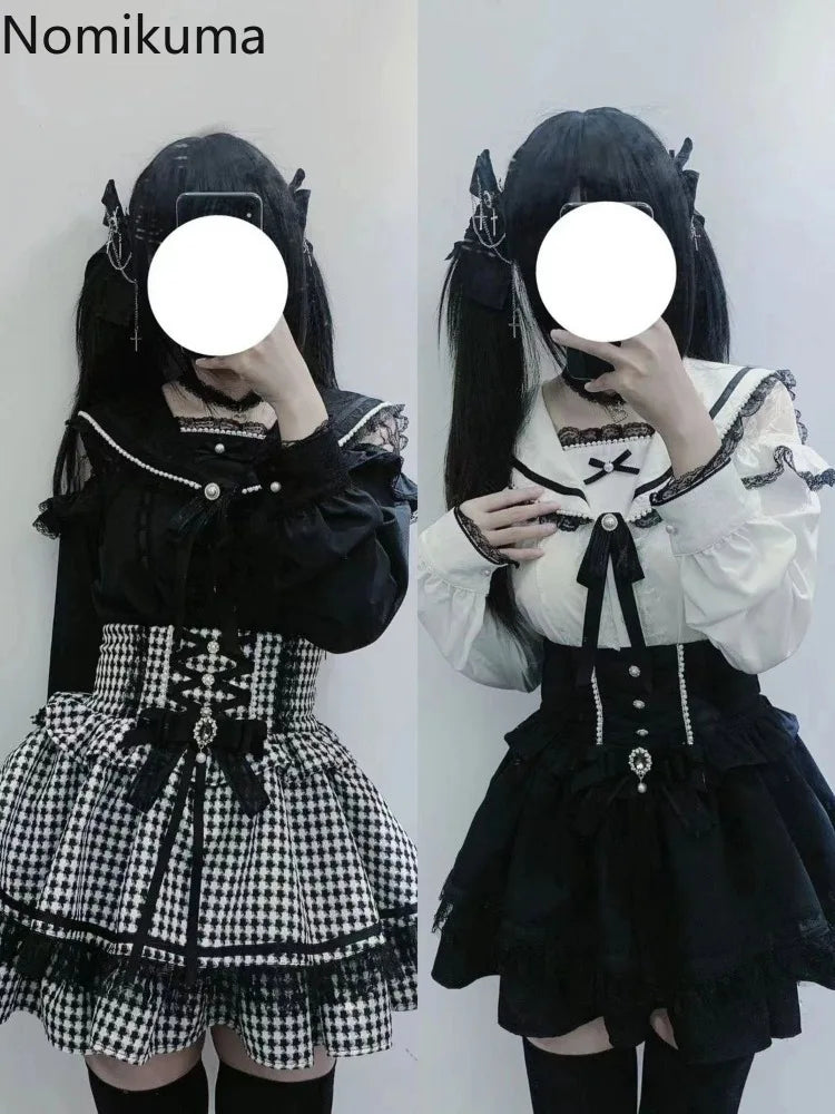 2025 Faldas Mujer De Moda Plaid Skirt for Women Sweet Japanese Jupe High Waist Bow Cute Saia Beading Bandage A-line Mini Skirts