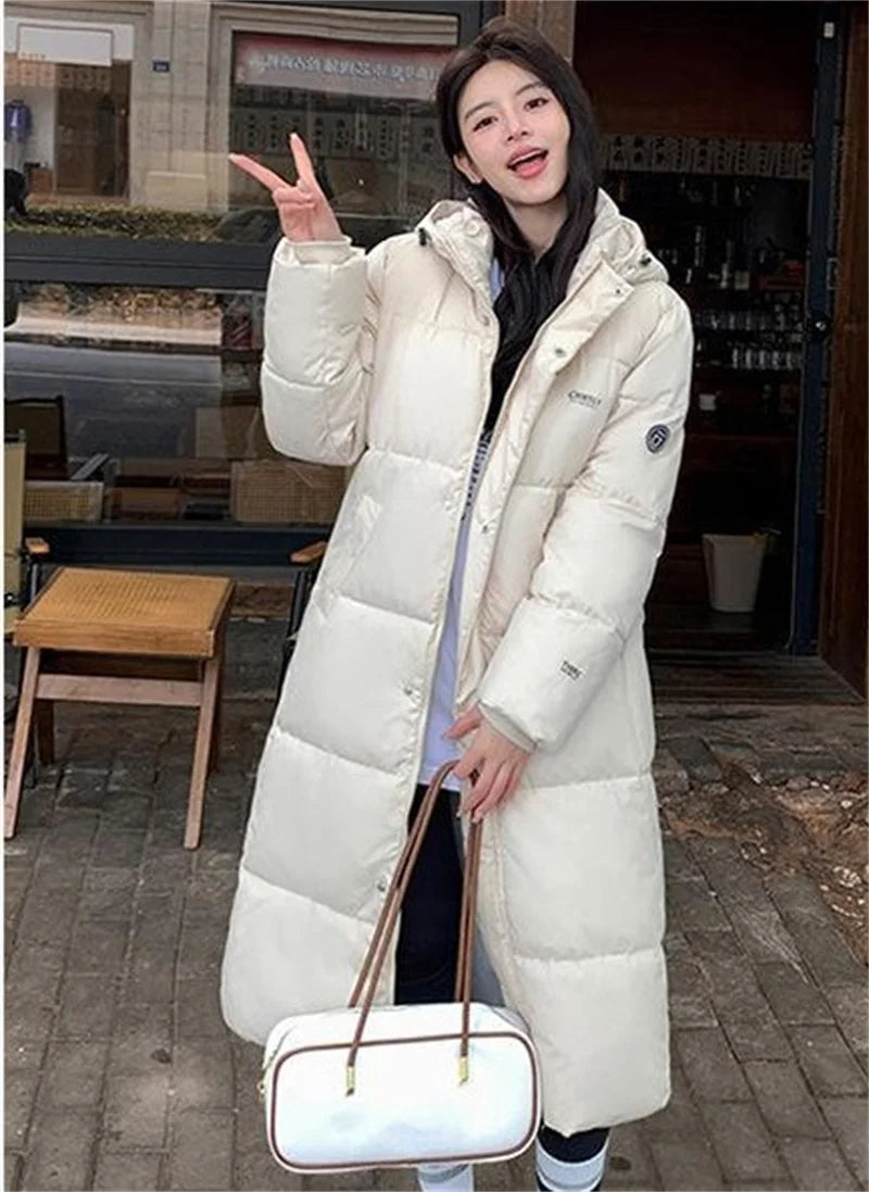 2025 Solid Long Down Parka Women with  Hood  Cotton Padded Jacket Winter Overcoat Fashion Thicken Warm Puffer Coat Female