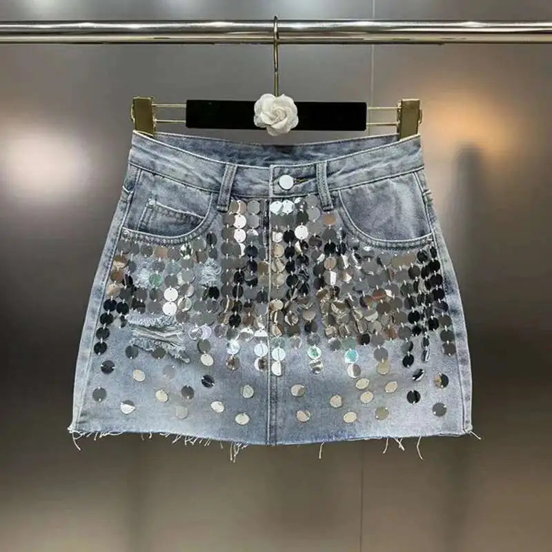 DEAT Sequins Decoration Denim Skirts For Women 2024 Summer New Items High Waist Wrap Hip Skirt Female Trendy Fashion 29L7154