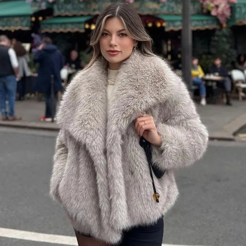 2025 Women Fashion Cropped Faux Fur Jacket Coat Long Sleeve Front Snap-button Female Outerwear Chic Lapel Collar Thick Coat