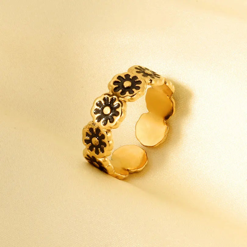 Elegant Ring Enamel Stainless Steel Rings For Women Men Accessories Flower Plant Jewelry Open Adjustable Real Gold Plated Bagues