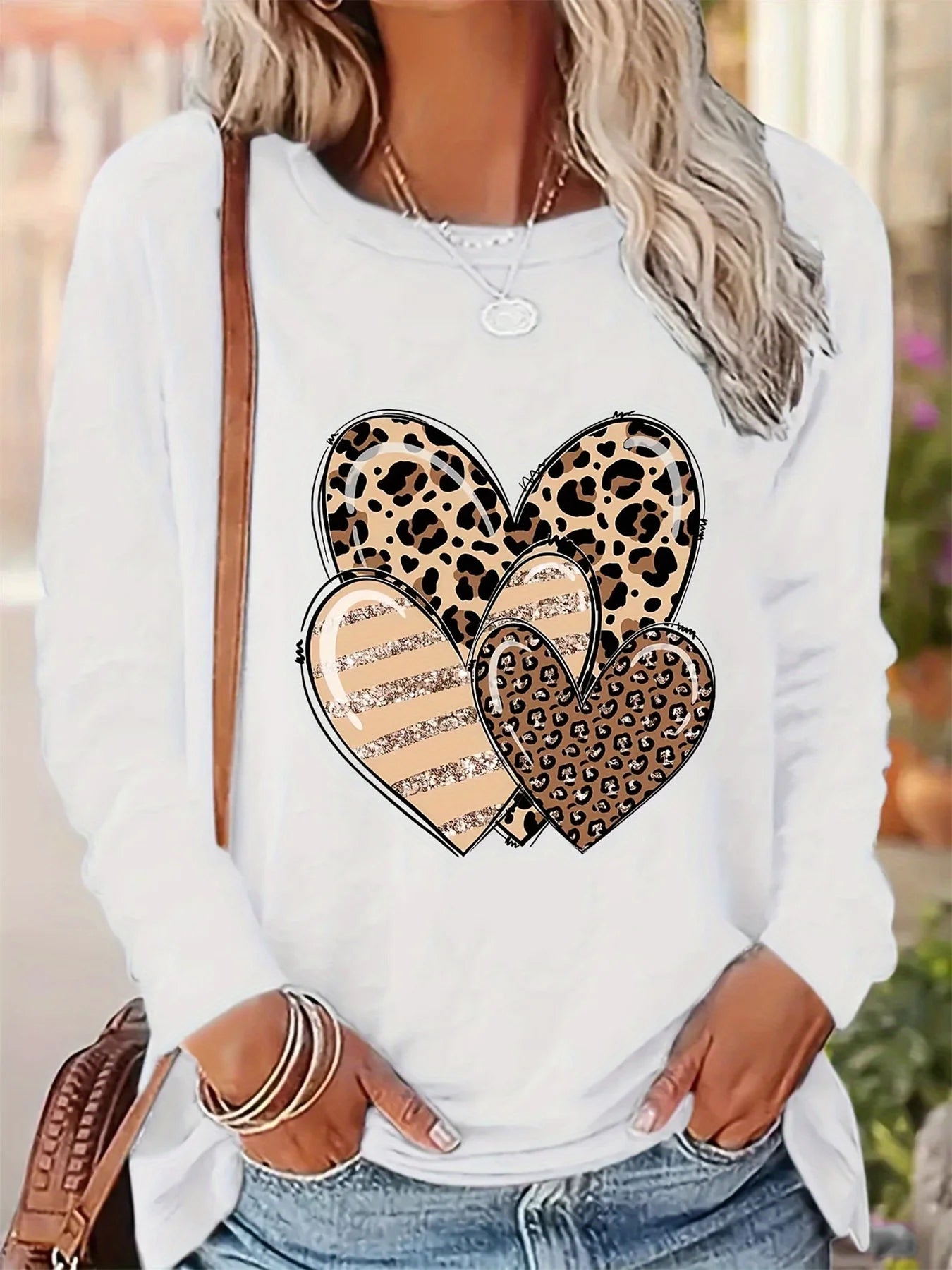 Women's Spring and Autumn 100% pure cotton fashionable casual loose heart-shaped pattern printed round neck long sleeved T-shirt