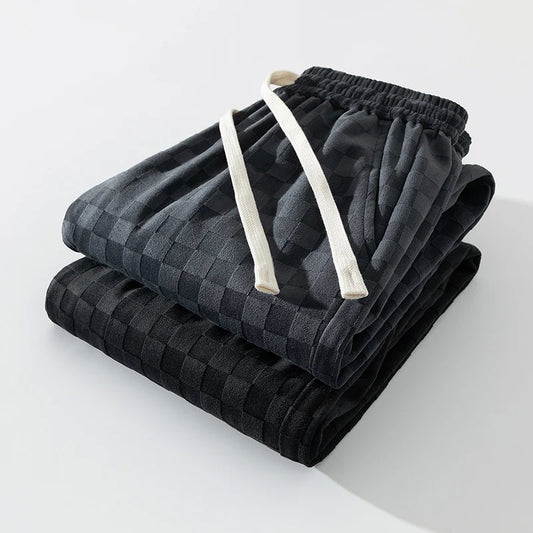 Men's Checkered Velvet Sweatpants, Loose Drawstring Trousers, Trendy Checkered Pattern, Fall and Winter Casual Streetwear