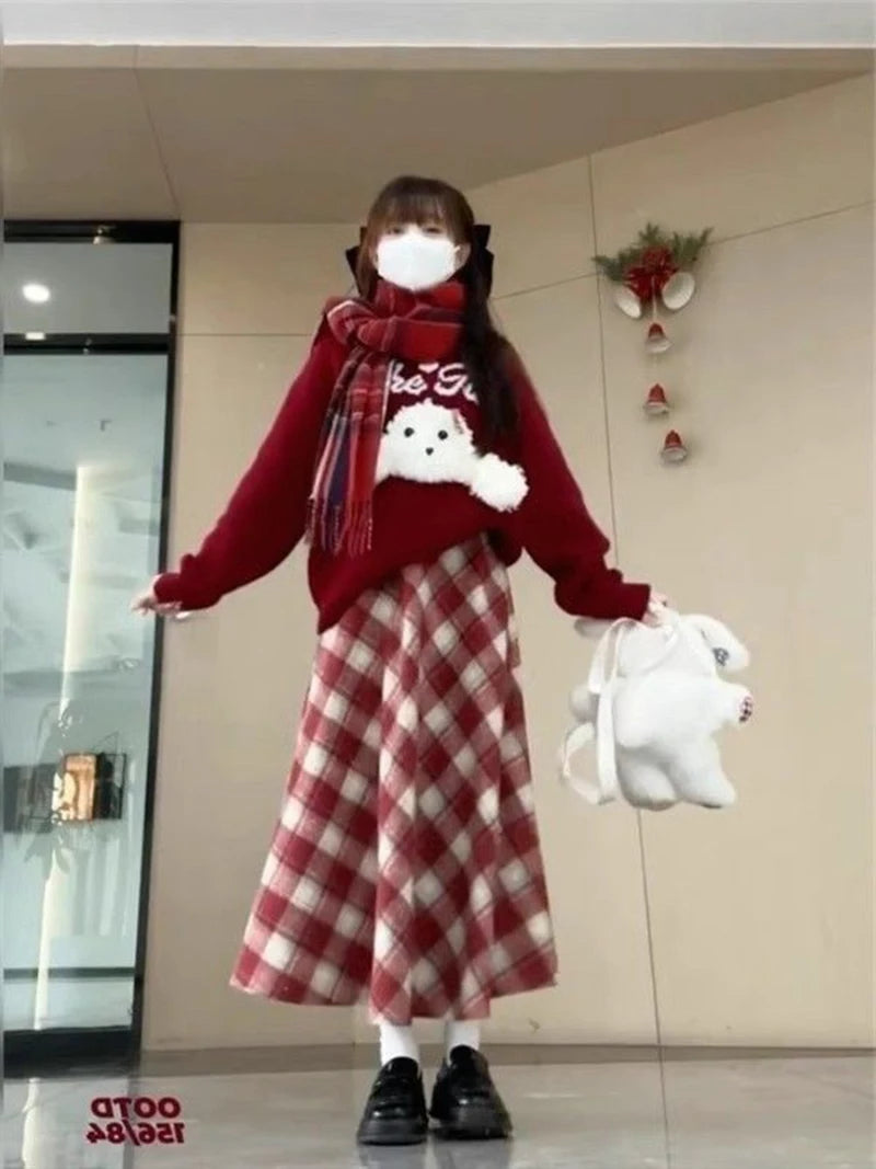 Red Plaid Midi Skirt Women Fall Winter Vintage High Waist Sweet Woolen Cloth Skirts Retro Loose Preppy Aesthetic Female Skirt