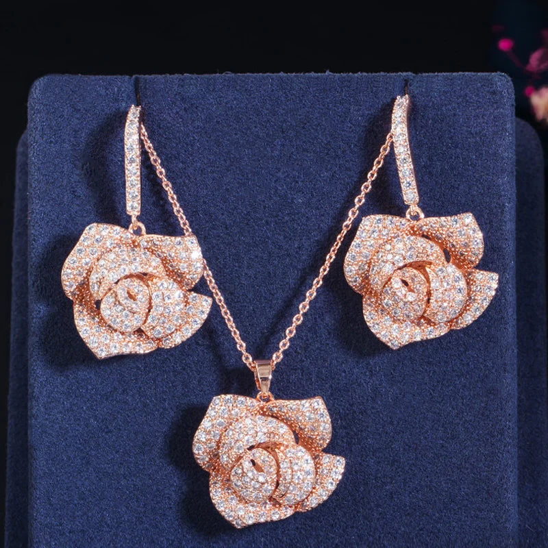 ThreeGraces Elegant Cubic Zirconia White Gold Color Rose Flower Dangle Earrings Necklace Summer Prom Jewelry Set for Women JS594