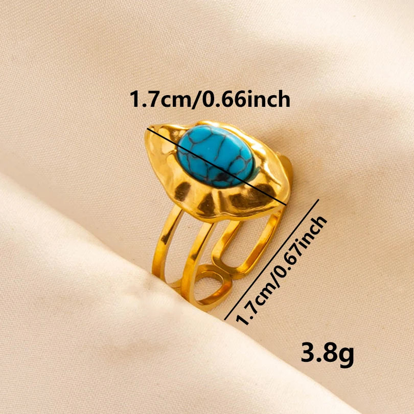 2pcs/lot Vintage Turquoise Gold Plated Knuckle Rings Blue Synthetic Stone Stainless Steel Rings Boho Jewelry Women Gifts No Fade