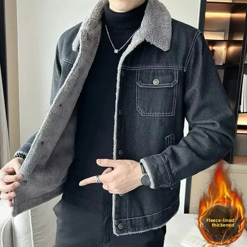 Men's Denim Jacket Winter Thickened Fleece Lined Fashionable New Arrival Hot Sale Of The Season Cotton Coat with Lamb Fur Collar
