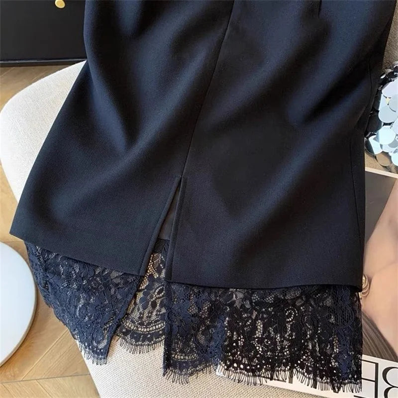 Autumn New Sexy Women's Slim Temperament Bag Hip Skirt Elegant Lace Patchwork Office Lady Midi Skirt Fashion Split Jupe 432P